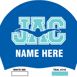 Set of 2-Two Silicone Caps with Royal with Logo and Swimmer name- JAC