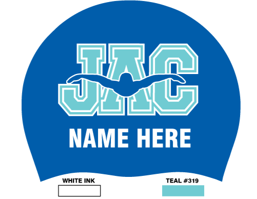 Set of 2-Two Silicone Caps with Royal with Logo and Swimmer name- JAC